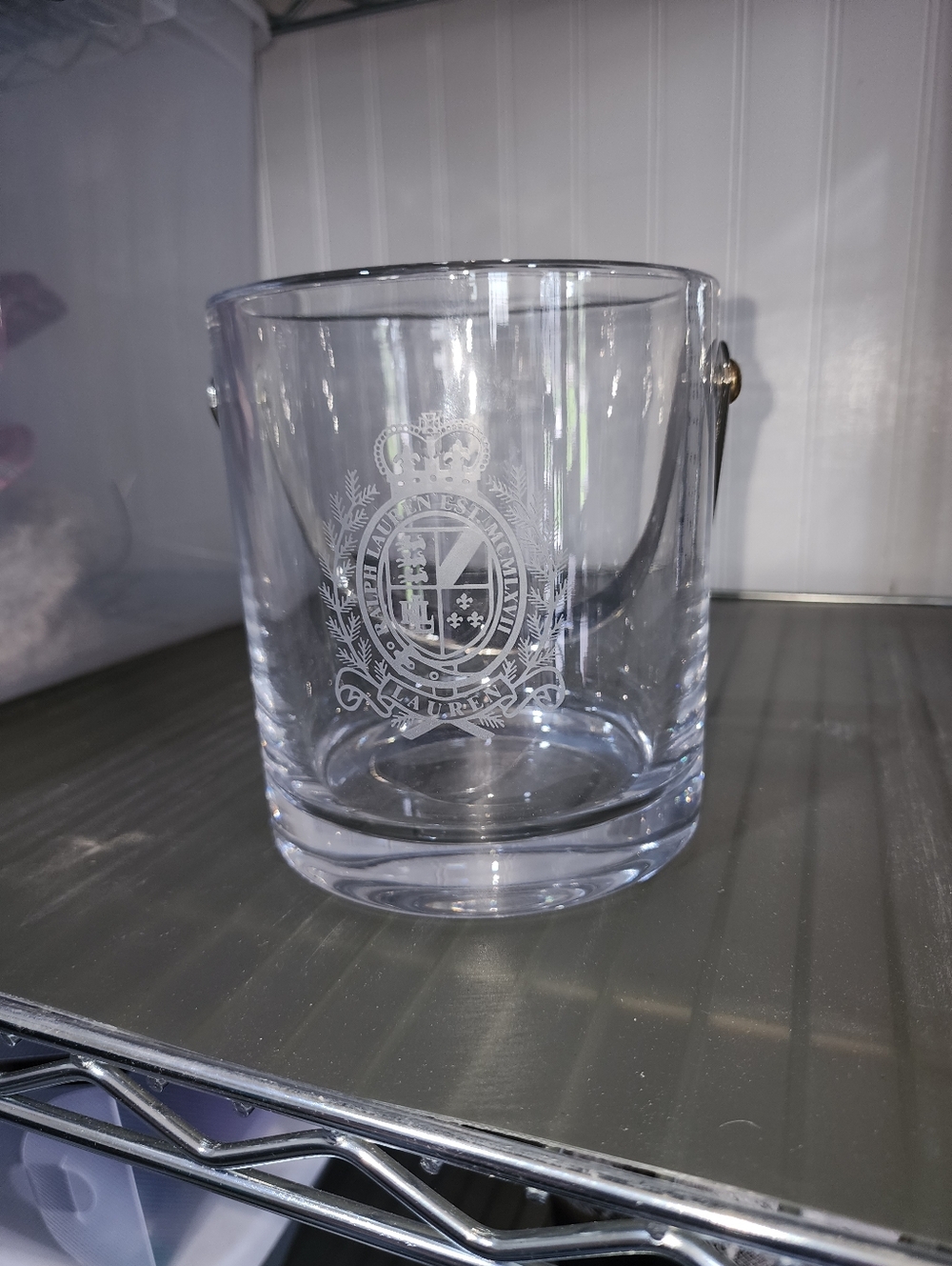 RALPH LAUREN CRYSTAL ICE BUCKET CLEAR WITH GOLD METAL HANDLE CLASSIC CREST LOGO - Picture 8 of 8